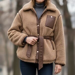 SANDRO Maddox belted faux-fur teddy jacket Size US 4 NWOT